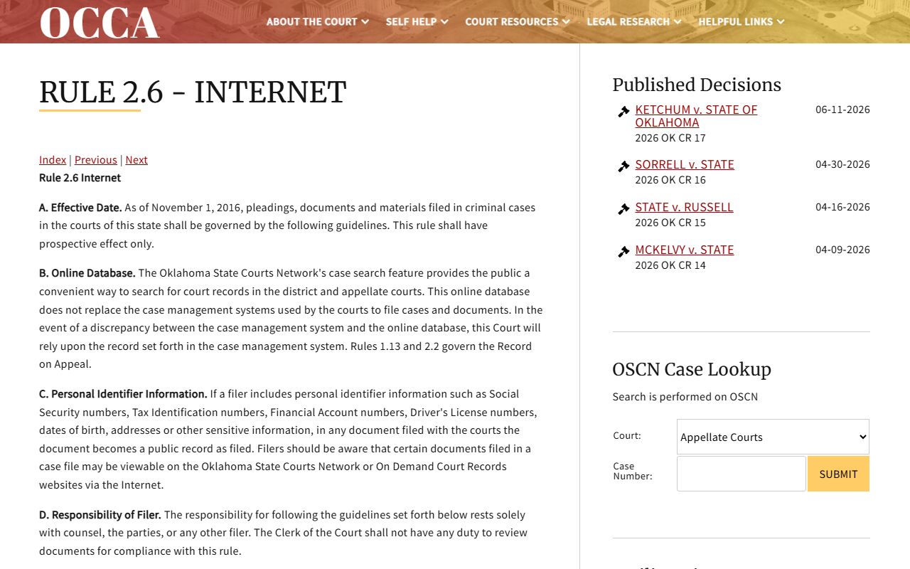 OCCA Rule 2.6 page explaining OSCN search for Mayes County court records