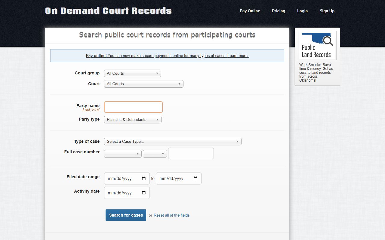 ODCR public search interface for Mayes County court records