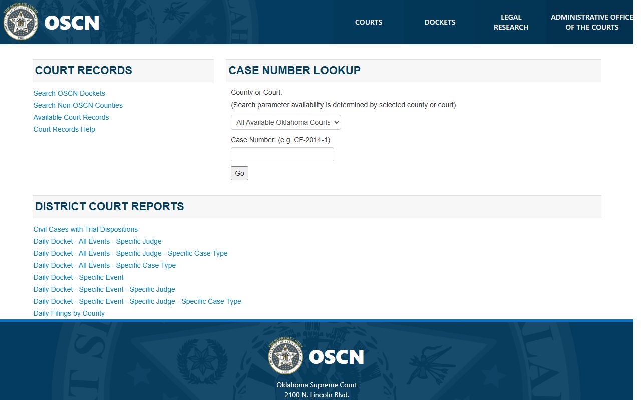 OSCN docket landing page for Mayes County court records lookup