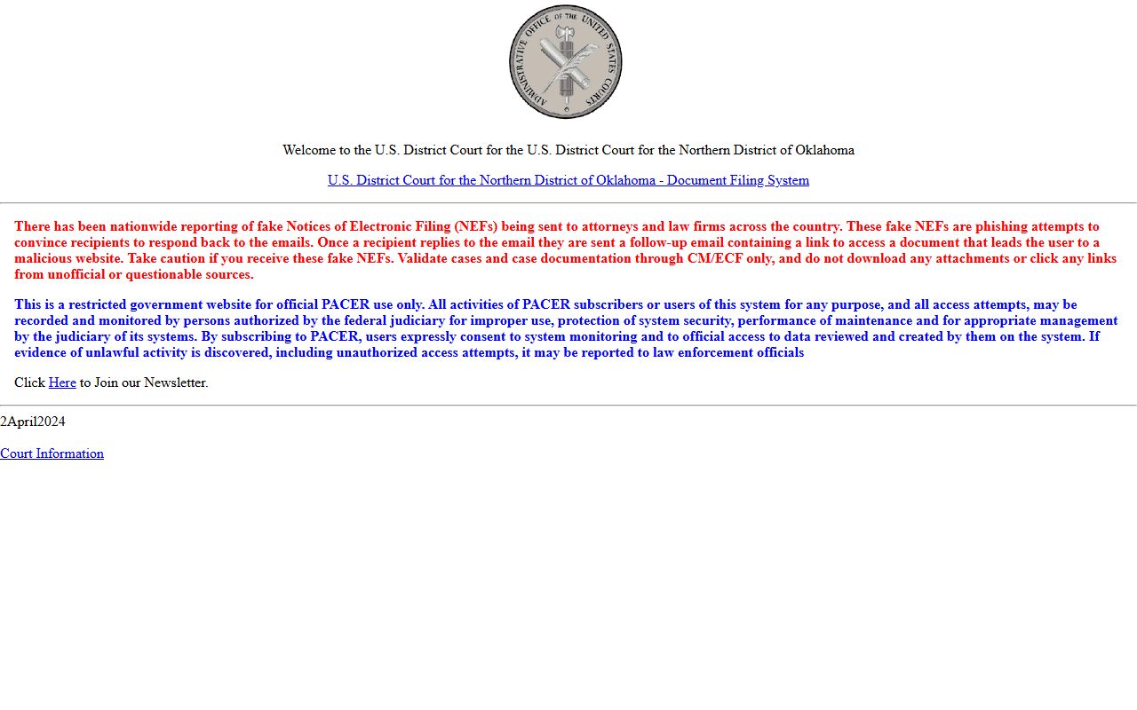 Northern District of Oklahoma CM/ECF filing system for Mayes County court records