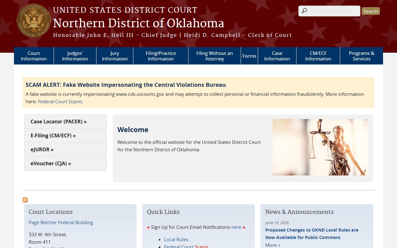 Northern District of Oklahoma homepage for Mayes County federal court records