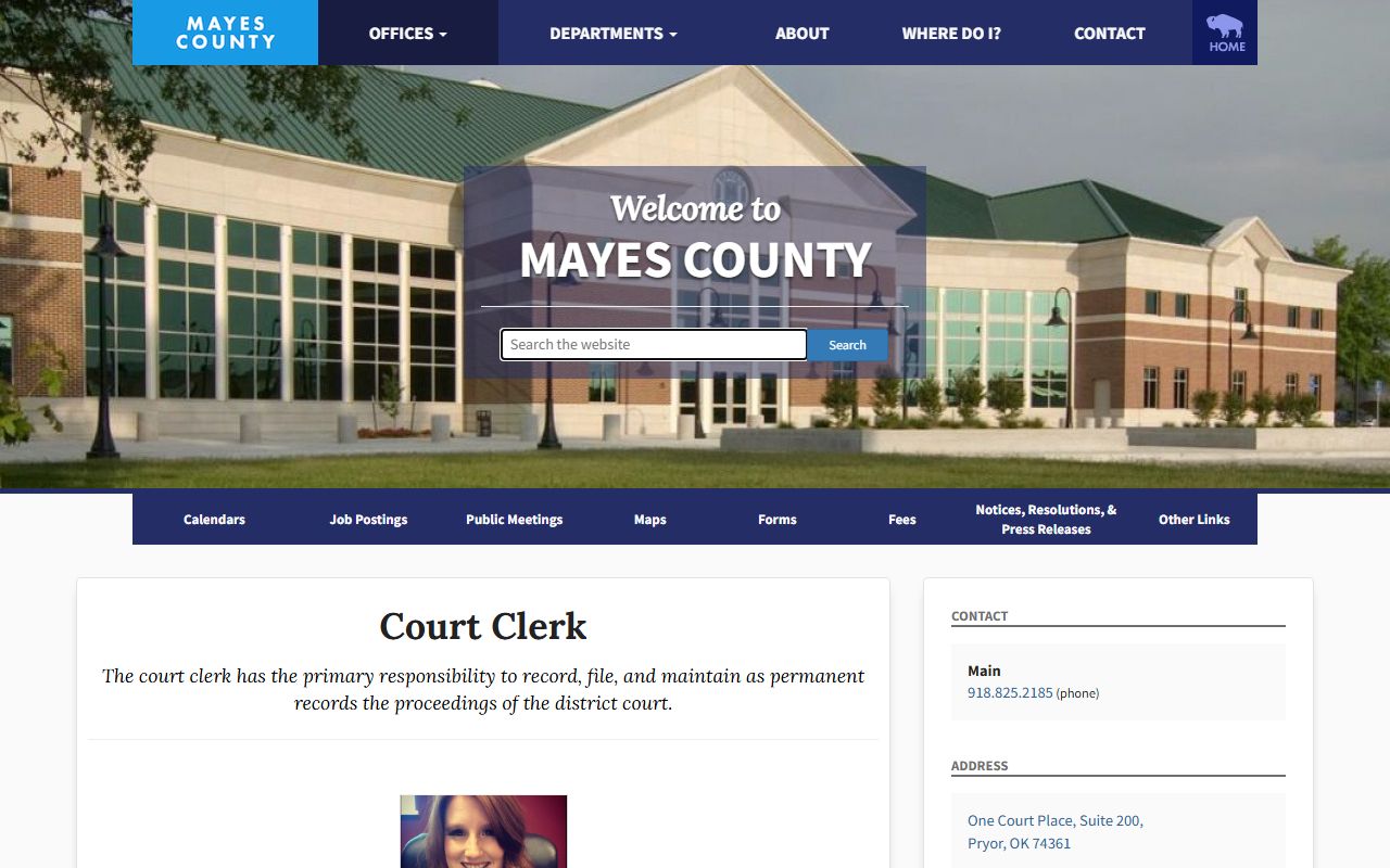 Mayes County Court Clerk page with court records search link and contact