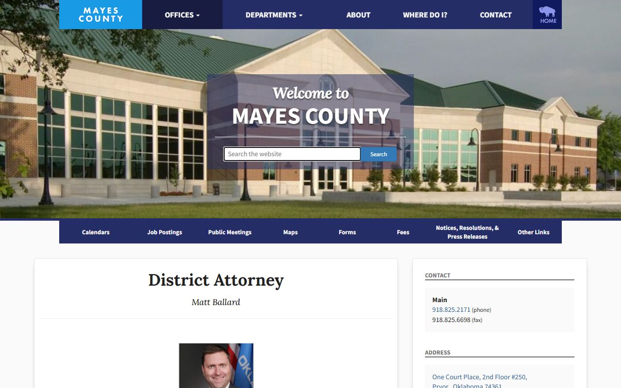 Mayes County District Attorney office page with criminal case contact