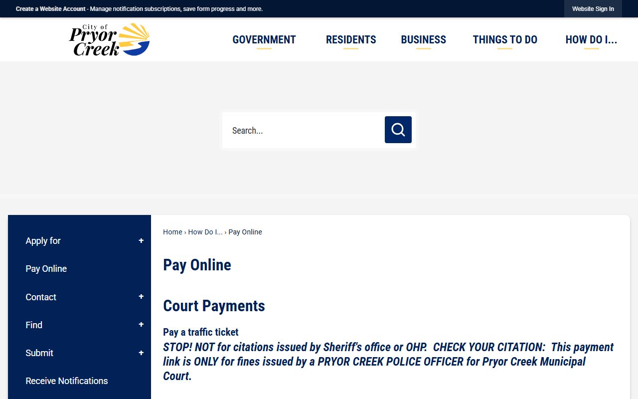 Pryor Creek online payment page for Mayes County municipal traffic citations