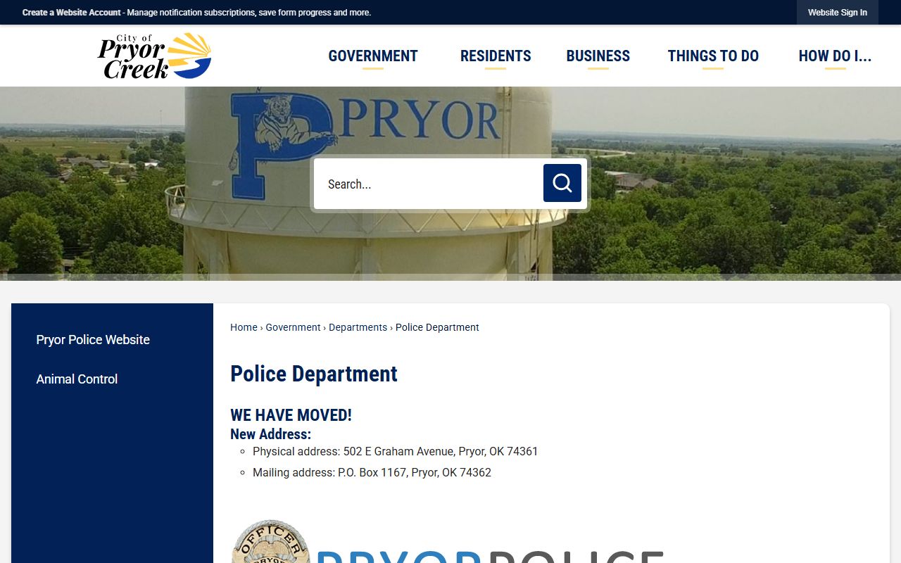 Pryor Creek Police Department page covering Mayes County municipal traffic citations