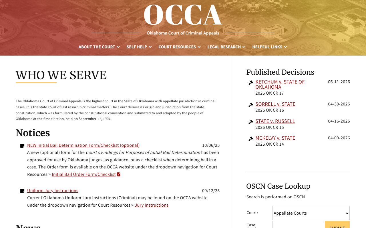 Oklahoma Court of Criminal Appeals page used for Mayes County warrant and criminal docket context